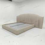 Light Beige Leather Upholstered Bed with Vertical Pleated Headboard & Gold Stainless Steel Ball Studs